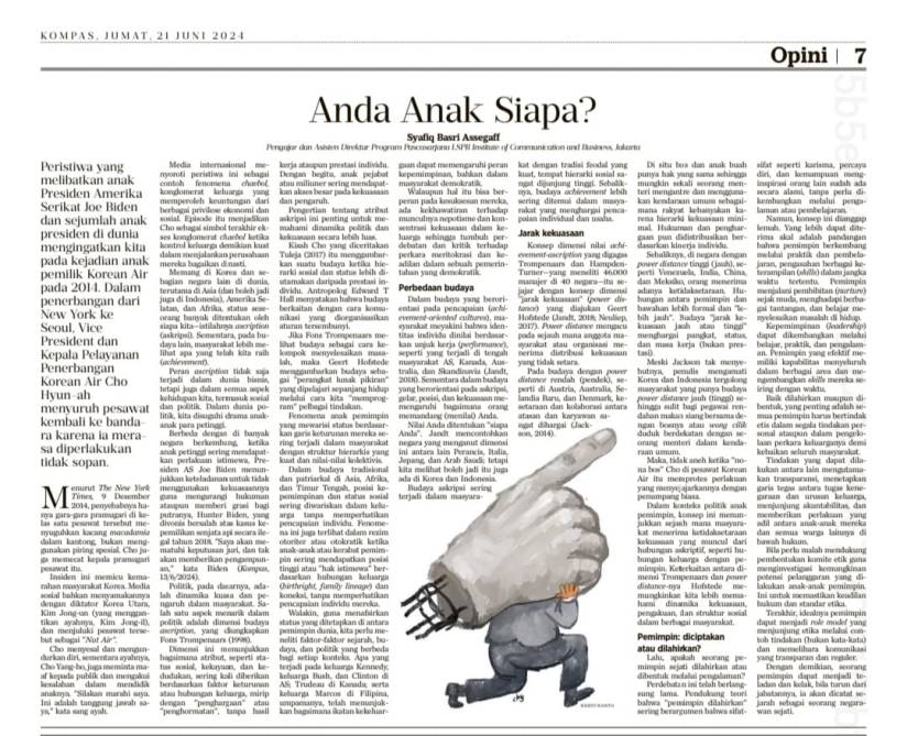 Opini tentang anak-anak pemimpin dalam kaitannya dengan budaya sebuah bangsa.